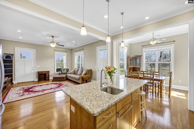 kitchen with a sink, baseboards, light wood-style flooring, and crown molding