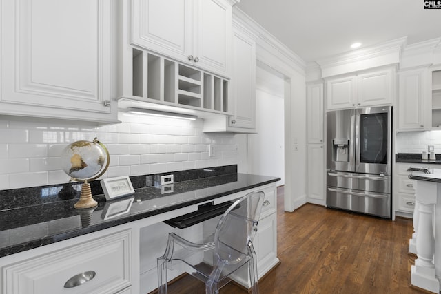 kitchen with dark wood-style floors, white cabinetry, stainless steel refrigerator with ice dispenser, and open shelves