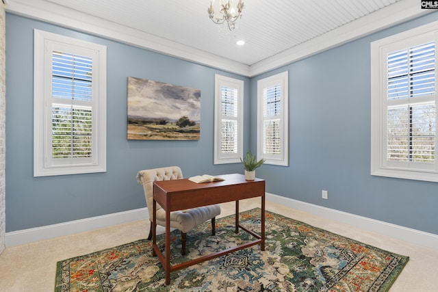 carpeted office space with recessed lighting, baseboards, and a chandelier