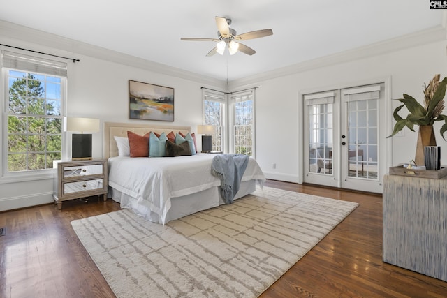 bedroom with crown molding, access to outside, multiple windows, and dark wood-style flooring