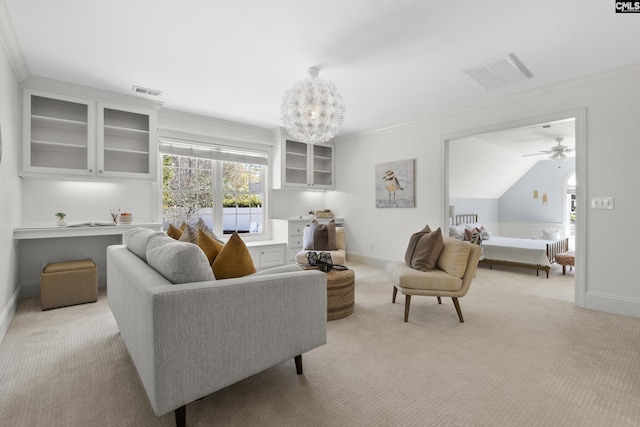 living area featuring visible vents, baseboards, light colored carpet, and ornamental molding