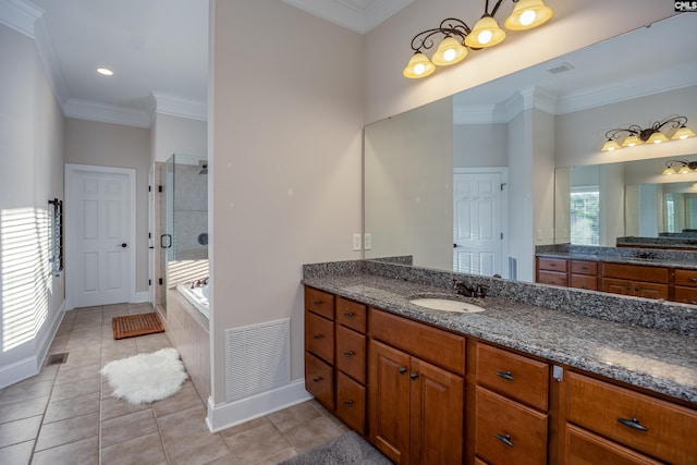 bathroom featuring crown molding, tile patterned floors, visible vents, and a shower stall