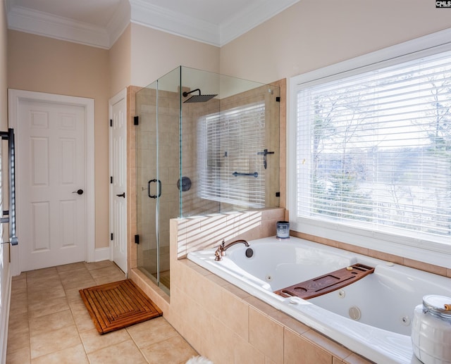 full bath with a stall shower, a tub with jets, ornamental molding, and tile patterned floors