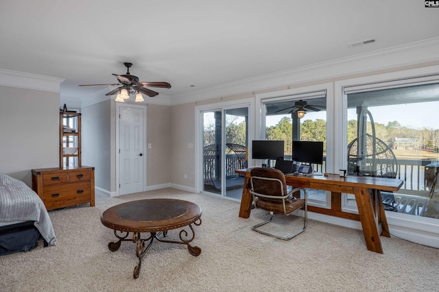 carpeted bedroom with visible vents, baseboards, ornamental molding, and access to outside