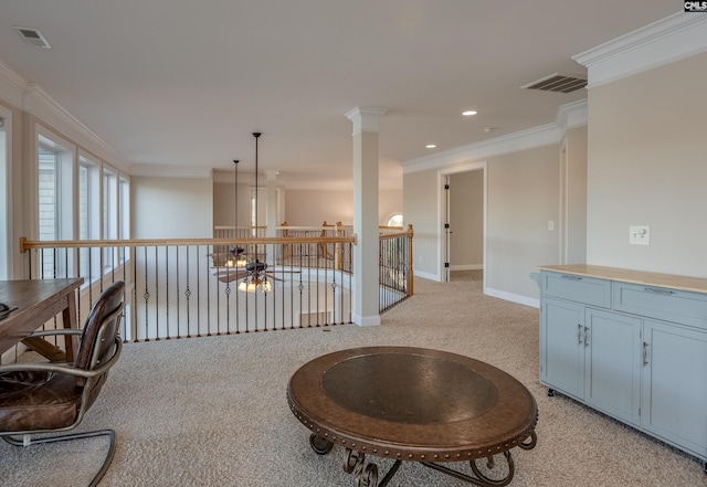 interior space with crown molding, visible vents, and light carpet