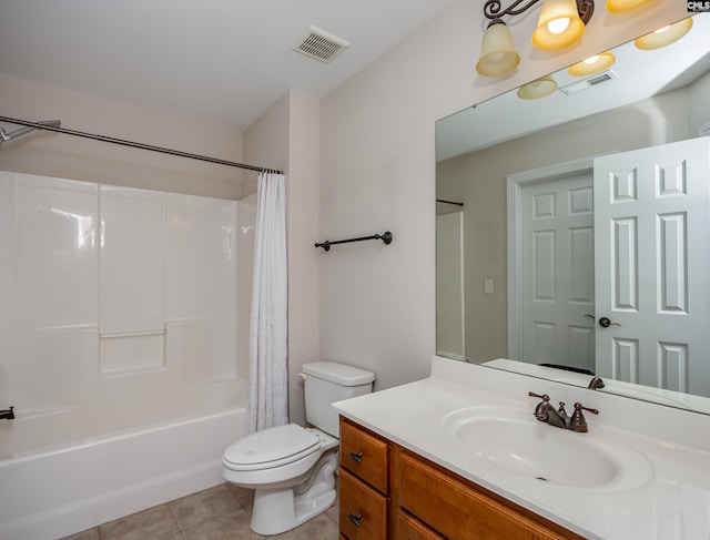 full bathroom with visible vents, toilet, shower / bath combination with curtain, and tile patterned flooring