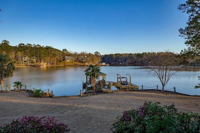 property view of water featuring boat lift and a boat dock