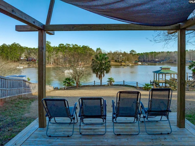 wooden deck featuring a water view and fence