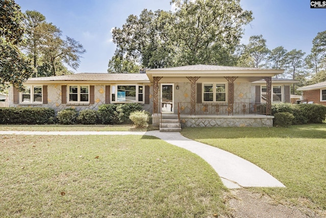 ranch-style house with stone siding, covered porch, and a front lawn