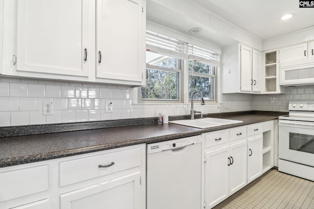 kitchen featuring white cabinets, white appliances, open shelves, and a sink