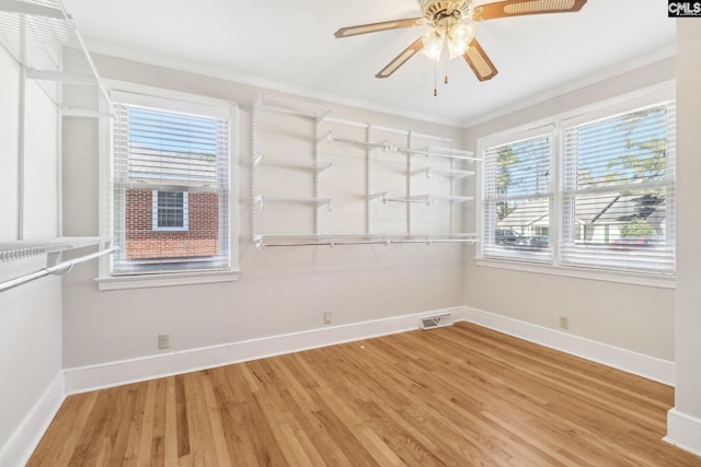 spare room with a wealth of natural light, light wood-type flooring, and crown molding