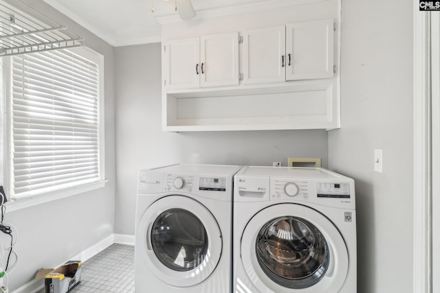 washroom with tile patterned floors, baseboards, independent washer and dryer, and ornamental molding