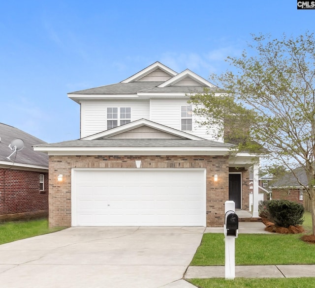 traditional-style house featuring brick siding, an attached garage, driveway, and a shingled roof