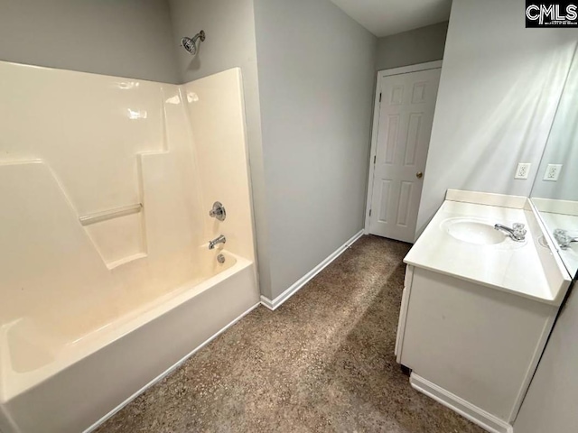 full bathroom featuring baseboards, vanity, and bathtub / shower combination