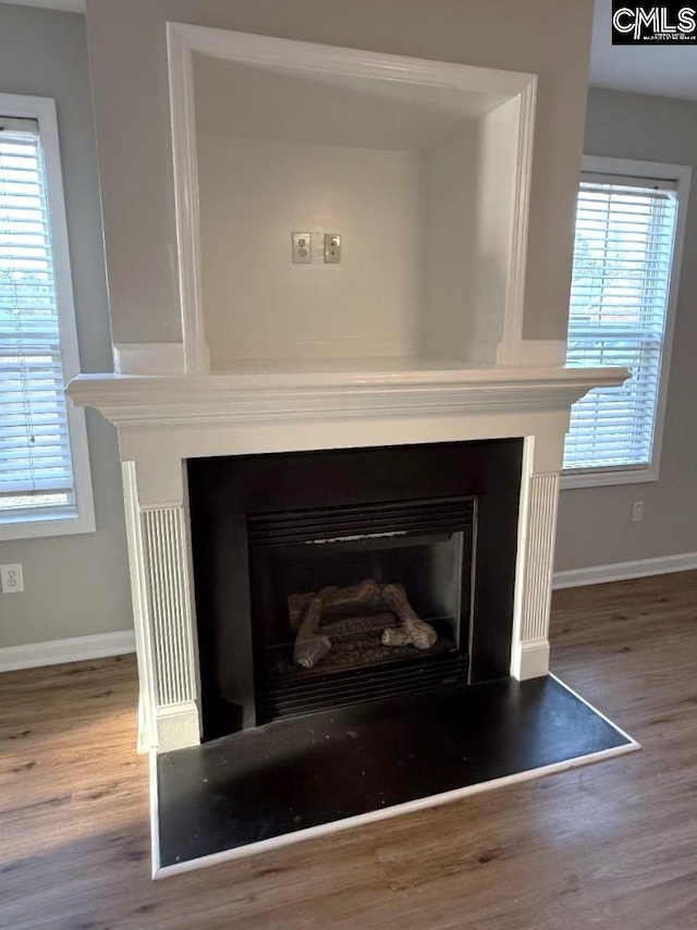 interior details with a glass covered fireplace, wood finished floors, and baseboards