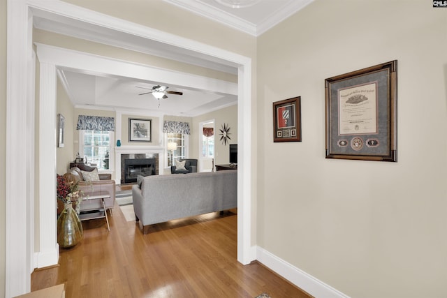 living area with baseboards, a premium fireplace, light wood-style flooring, ceiling fan, and crown molding