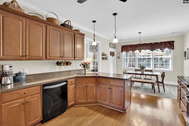 kitchen with dishwasher, ornamental molding, light wood-style flooring, a peninsula, and a sink