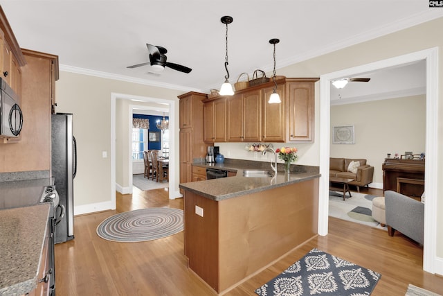 kitchen featuring a sink, black appliances, ornamental molding, and ceiling fan