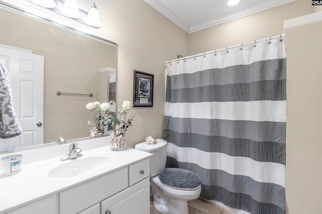 full bathroom featuring toilet, curtained shower, crown molding, tile patterned flooring, and vanity