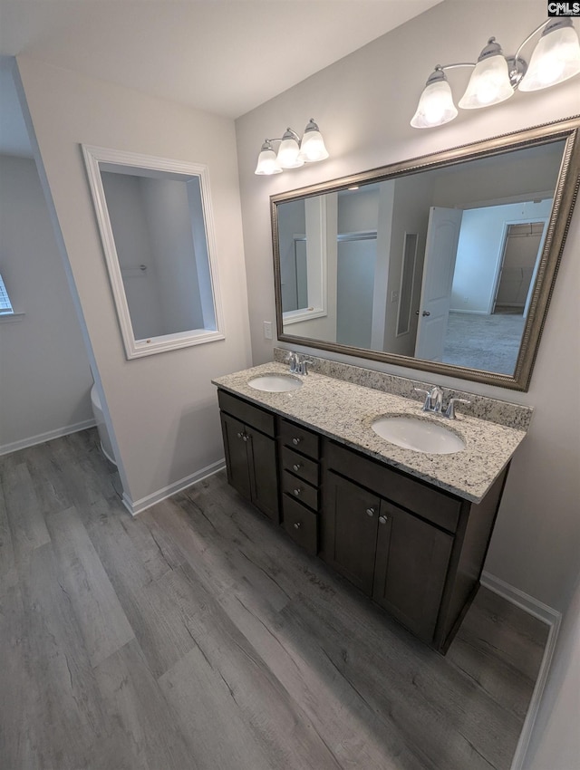 bathroom featuring double vanity, wood finished floors, baseboards, and a sink