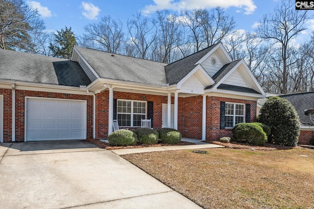 view of front facade with brick siding, concrete driveway, a garage, and a shingled roof