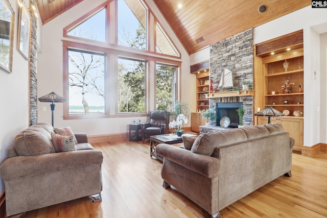 living area with a fireplace, wooden ceiling, and wood finished floors