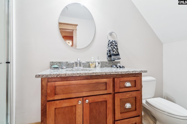 bathroom with vanity, lofted ceiling, and toilet