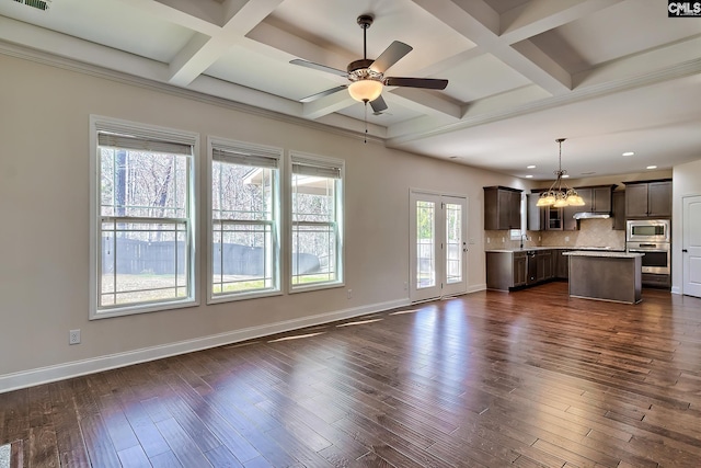 unfurnished living room with ceiling fan with notable chandelier, a sink, coffered ceiling, baseboards, and dark wood-style flooring