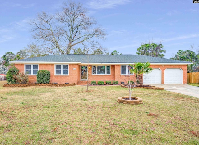 ranch-style home with brick siding, a front yard, a garage, crawl space, and driveway