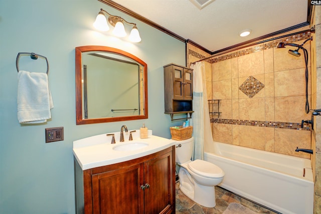 bathroom with toilet, ornamental molding, stone finish floor, shower / tub combo, and vanity