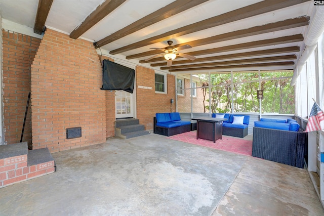 view of patio / terrace featuring entry steps, a ceiling fan, and an outdoor hangout area