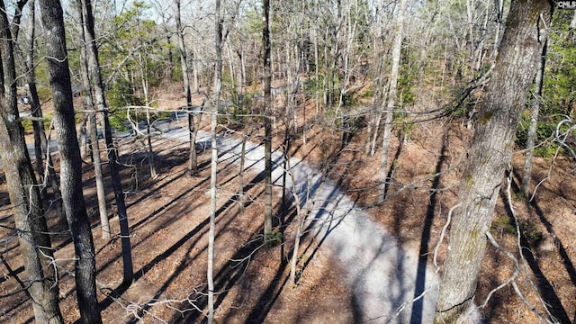 exterior space featuring a forest view