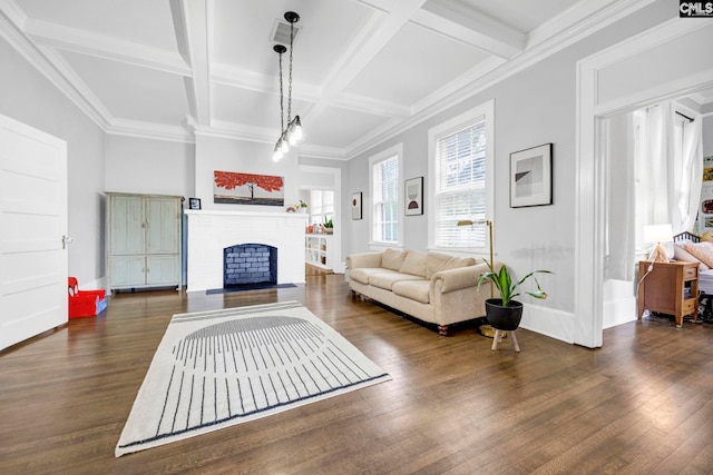 living room featuring a fireplace with flush hearth, beam ceiling, coffered ceiling, wood finished floors, and baseboards