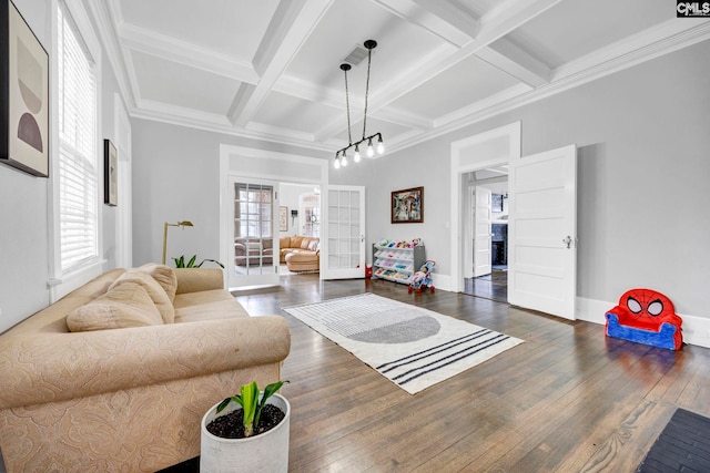 living room with hardwood / wood-style flooring, baseboards, coffered ceiling, and beam ceiling