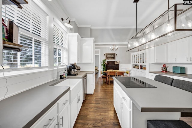 kitchen featuring dark wood finished floors, white cabinets, crown molding, black electric cooktop, and a chandelier