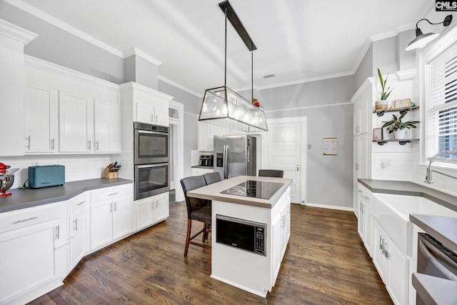 kitchen with a sink, white cabinets, dark wood-style flooring, and stainless steel appliances