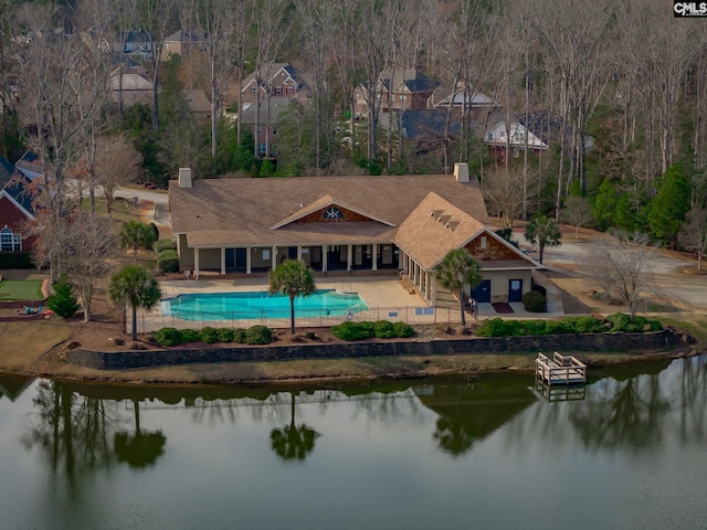 exterior space with a water view