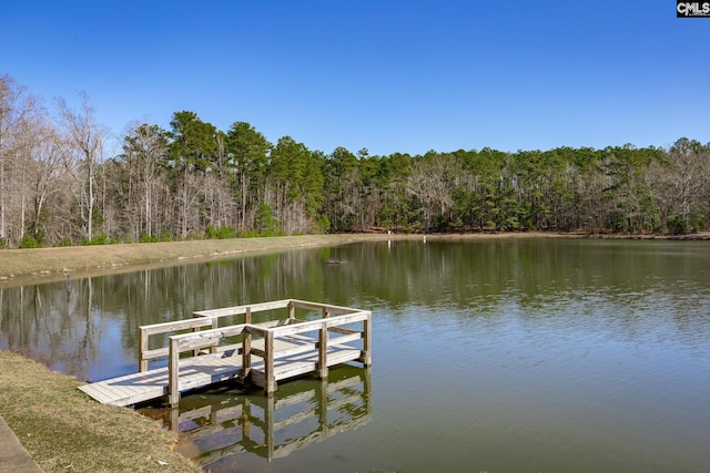 view of dock with a wooded view and a water view