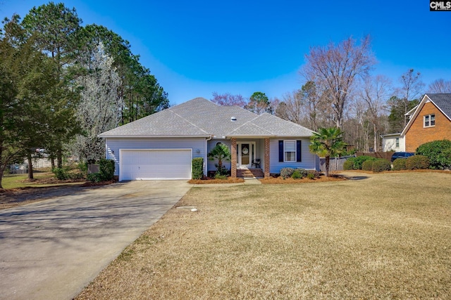 ranch-style house featuring a front yard, a garage, driveway, and a shingled roof