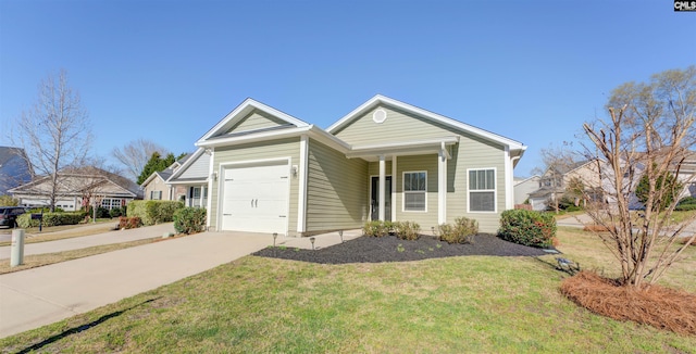 view of front facade with concrete driveway, a garage, and a front lawn