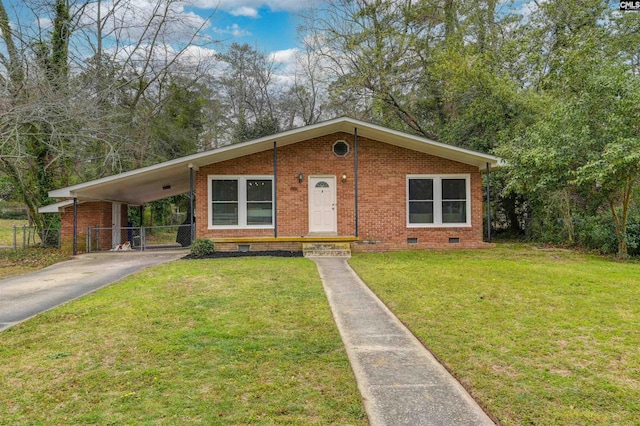 view of front facade featuring a front yard, driveway, a carport, crawl space, and brick siding