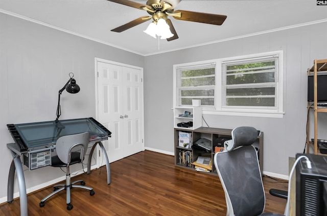 home office featuring ceiling fan, wood finished floors, and ornamental molding