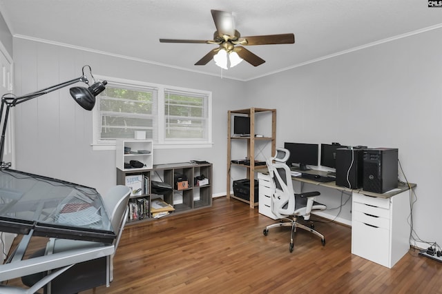 office area featuring wood finished floors, ceiling fan, and crown molding