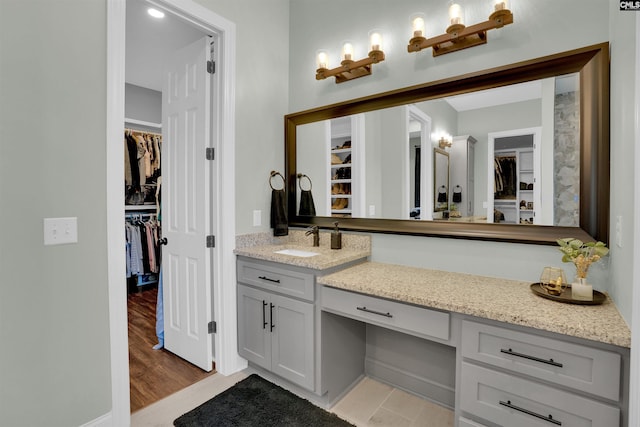 bathroom with vanity, a walk in closet, and wood finished floors