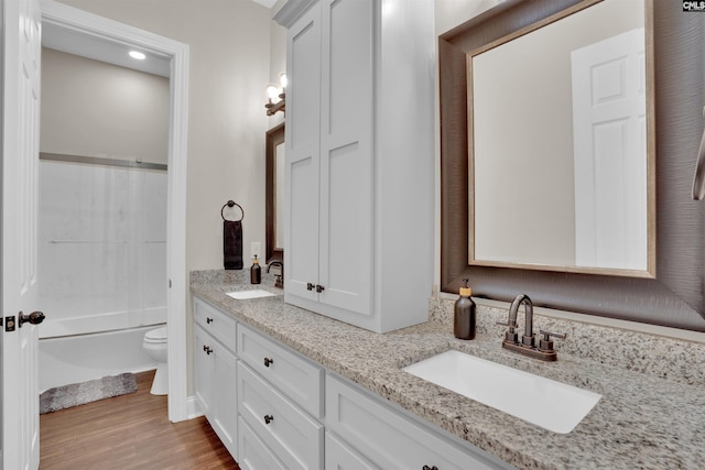 bathroom featuring double vanity, toilet, wood finished floors, and a sink