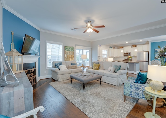 living area featuring visible vents, dark wood-style floors, a ceiling fan, and ornamental molding