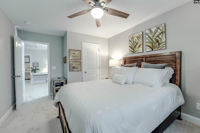 bedroom with light colored carpet, a ceiling fan, and baseboards