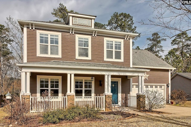 view of front of house featuring an attached garage, covered porch, and driveway