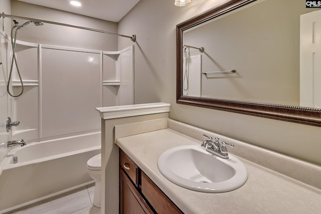 full bathroom featuring shower / bathtub combination, toilet, and vanity