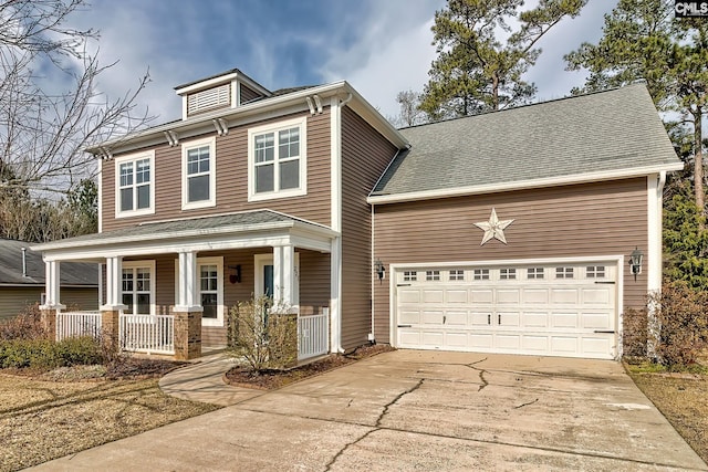 view of front of property with a porch, an attached garage, and driveway